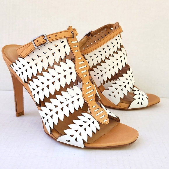 ANTHROPOLOGIE EIGHT FIFTEEN BONFIRE LEATHER LASER CUT ANKLE STRAP HEELED SANDALS - Picture 8 of 9